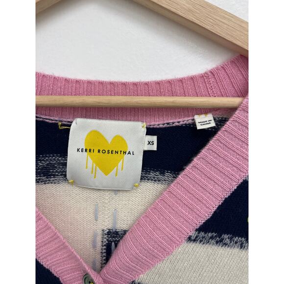 Kerri Rosenthal 100% Cashmere Mixed Stripe Colorful Heart Boxy V-Neck CardiganXS - Picture 6 of 9